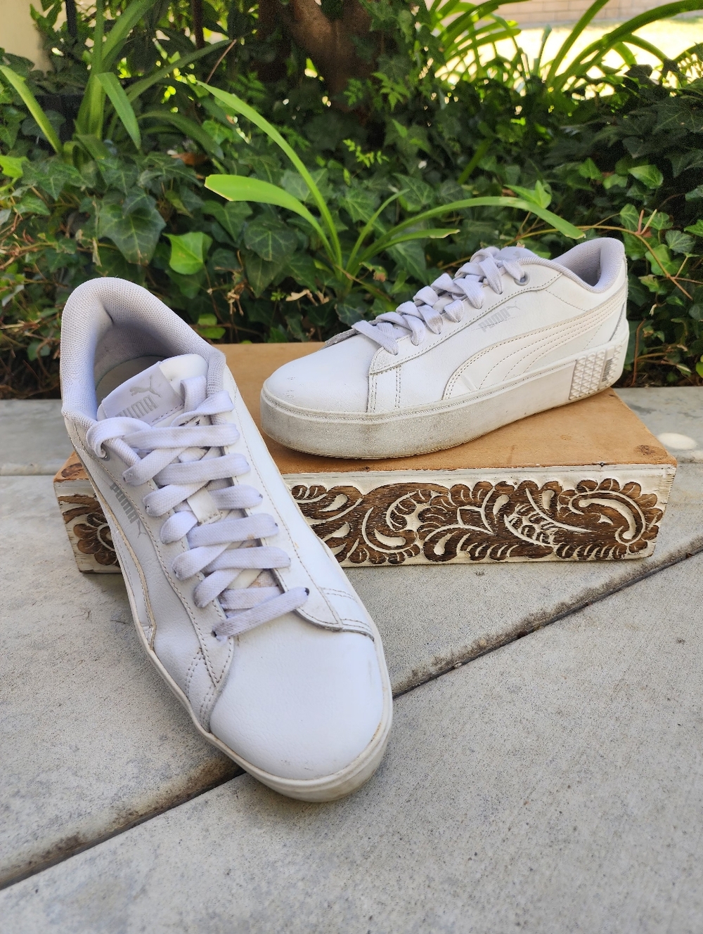PUMA White Leather Platform Sneakers